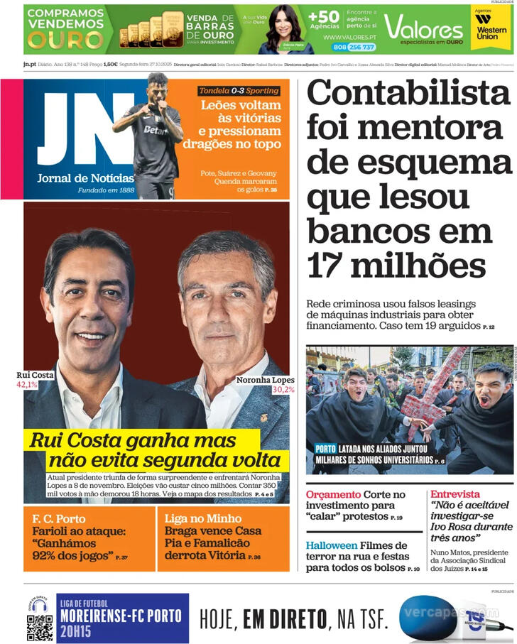 Capa Jornal de Notcias - 2025-10-27