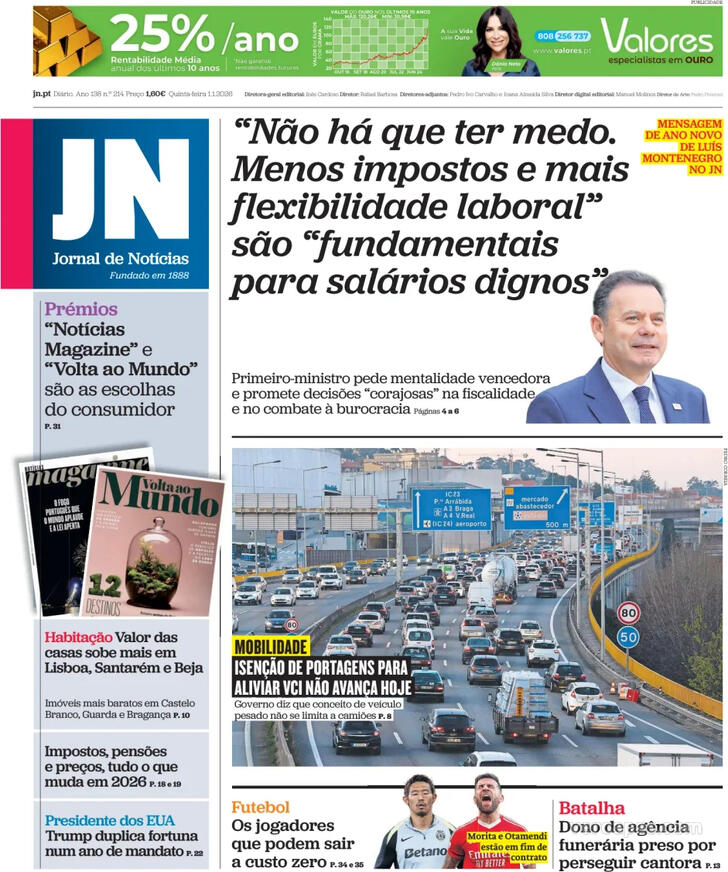 Capa Jornal de Not�cias - 2026-01-01