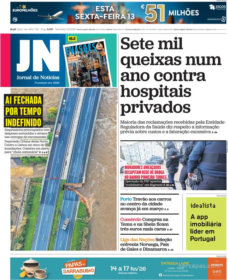 Capa Jornal de Not�cias - 2026-02-13