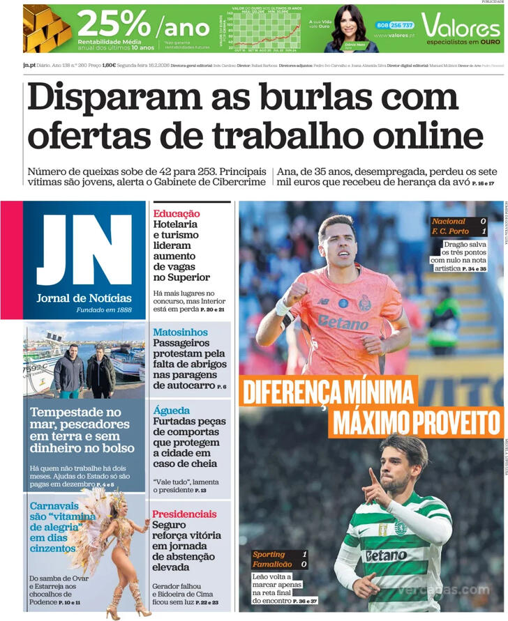 Capa Jornal de Not�cias - 2026-02-16