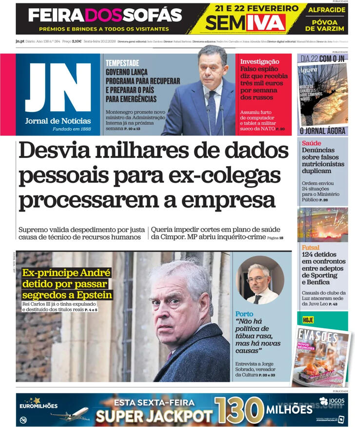 Capa Jornal de Not�cias - 2026-02-20
