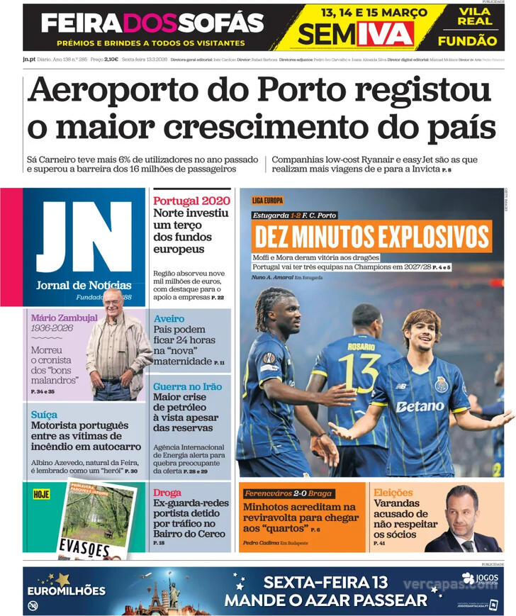 Capa Jornal de Not�cias - 2026-03-13