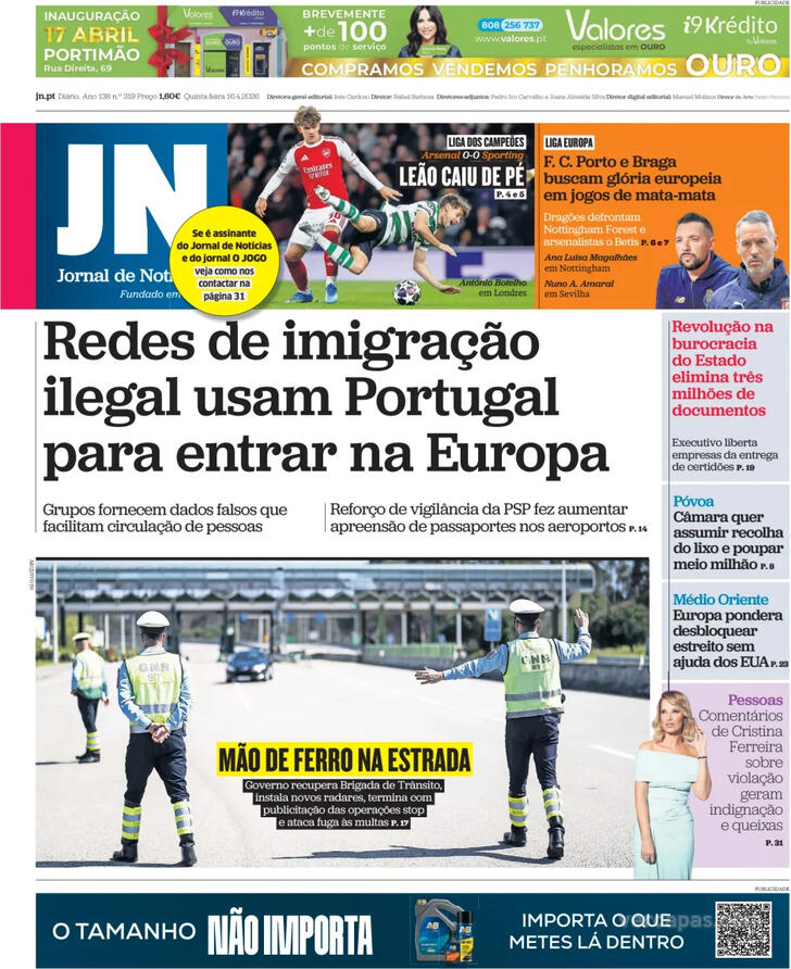 Capa Jornal de Not�cias - 2026-04-16