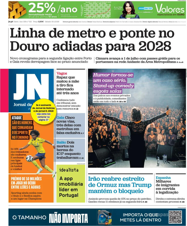 Capa Jornal de Not�cias - 2026-04-18