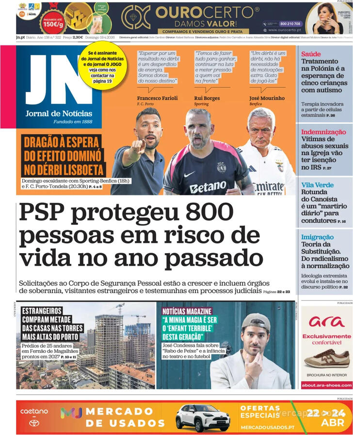 Capa Jornal de Not�cias - 2026-04-19