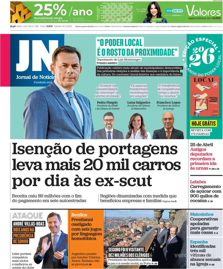 Capa Jornal de Not�cias - 2026-04-25