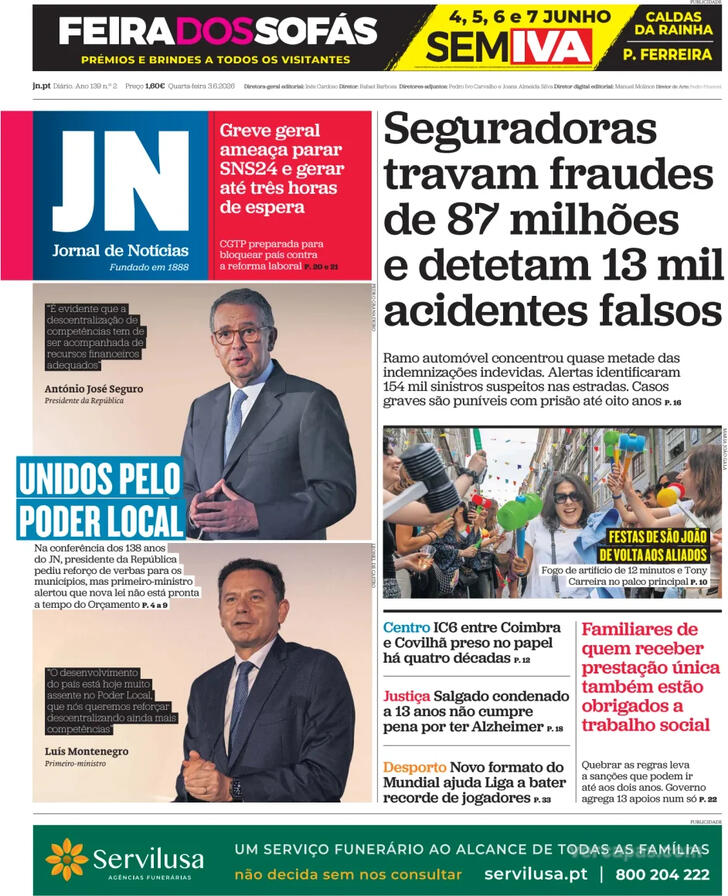 Capa Jornal de Not�cias - 2026-06-03
