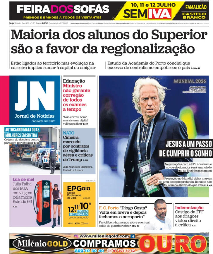 Capa Jornal de Not�cias - 2026-07-08