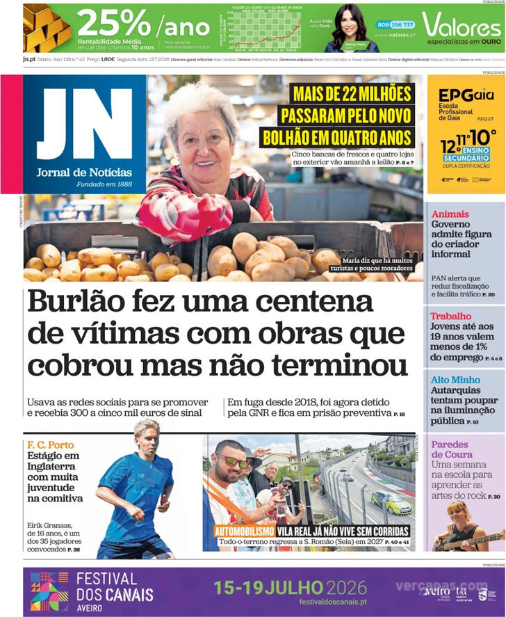 Capa Jornal de Not�cias - 2026-07-13