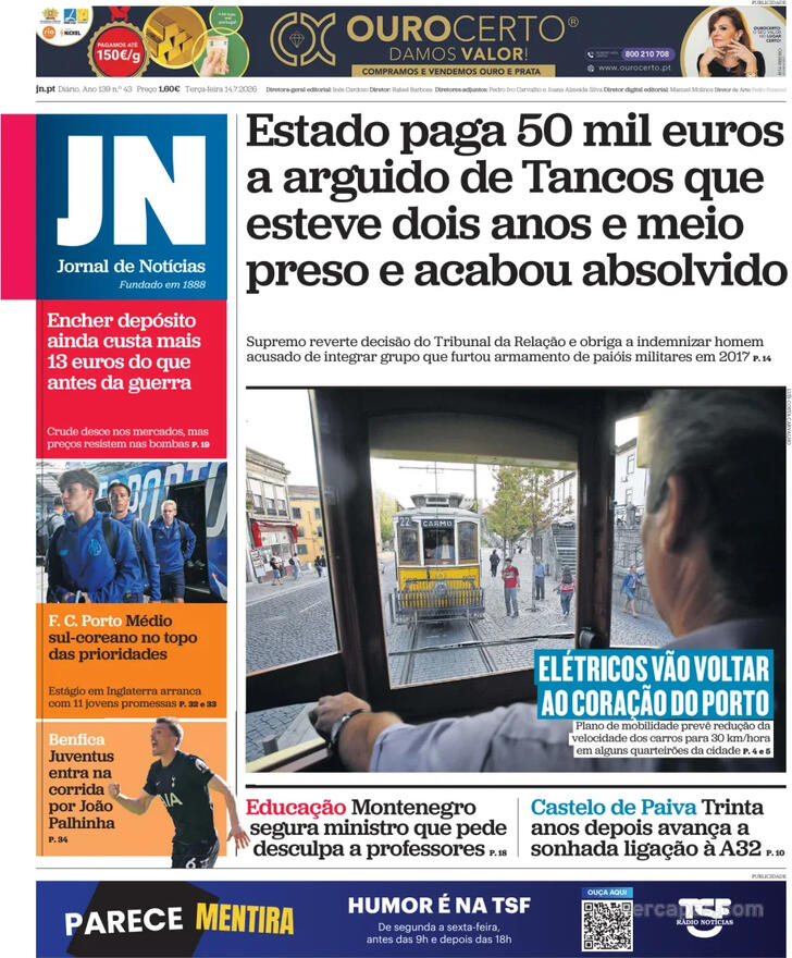 Capa Jornal de Not�cias - 2026-07-14