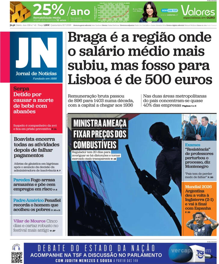Capa Jornal de Not�cias - 2026-07-16
