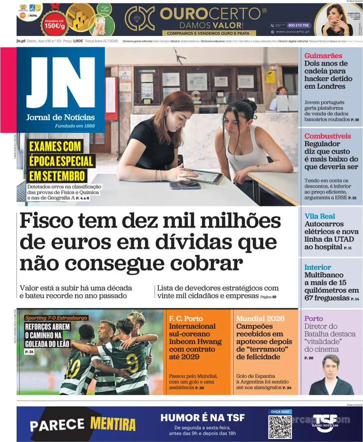 Capa Jornal de Not�cias - 2026-07-21