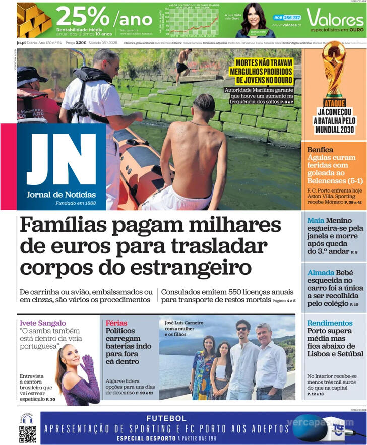 Capa do jornal Jornal de Notícias
