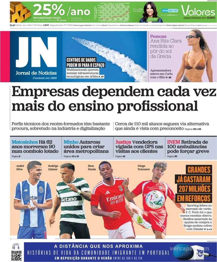 Capa do jornal Jornal de Notícias