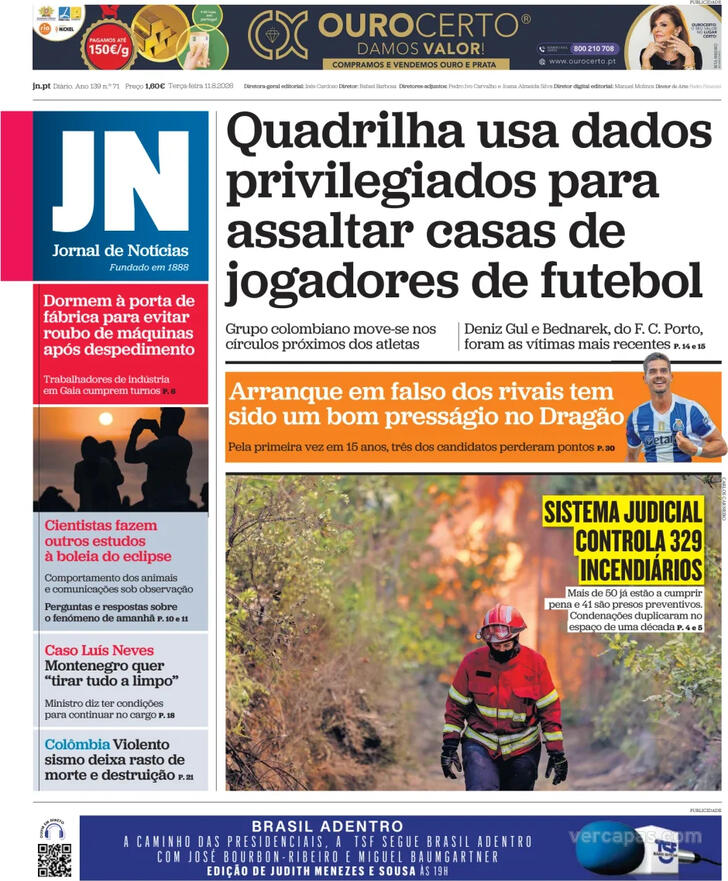 Capa Jornal de Not�cias - 2026-08-11