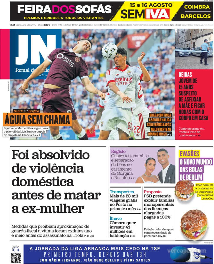 Capa Jornal de Not�cias - 2026-08-14