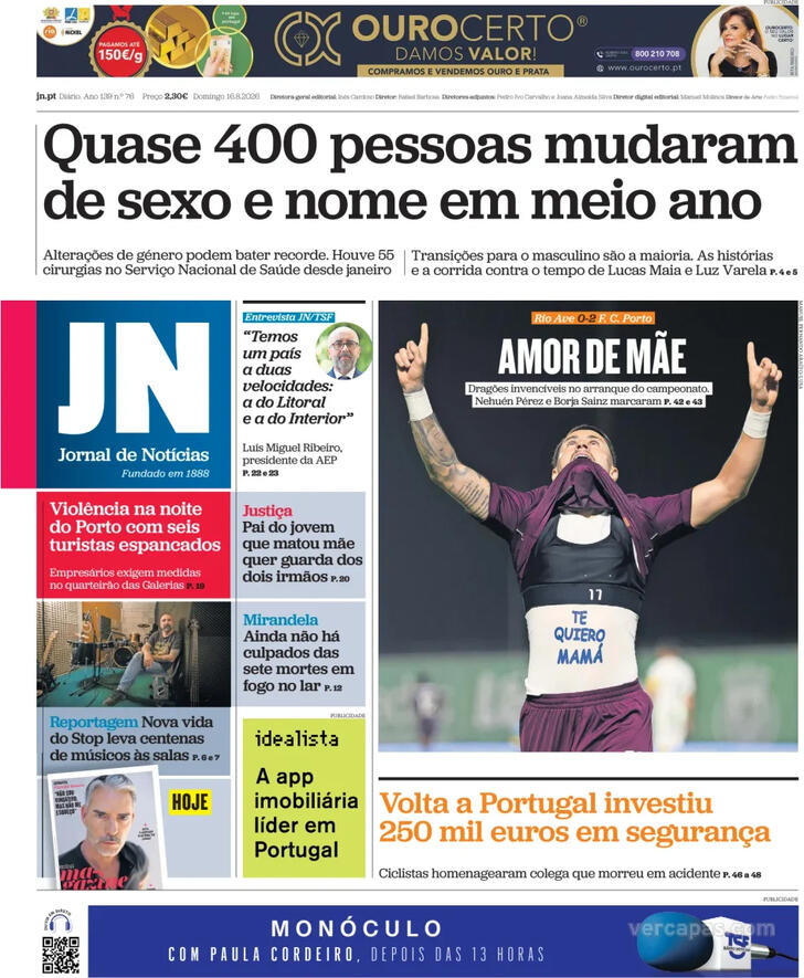 Capa Jornal de Not�cias - 2026-08-16