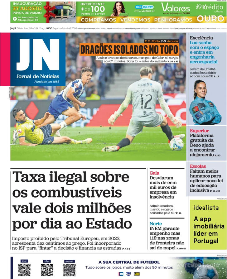 Capa do jornal Jornal de Notícias
