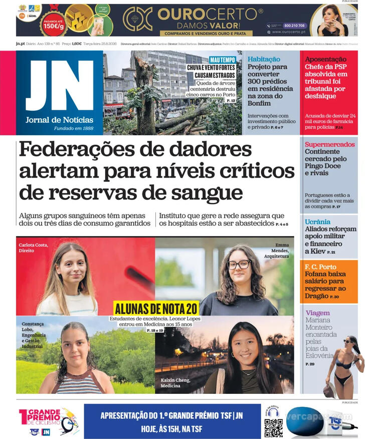 Capa do jornal Jornal de Notícias