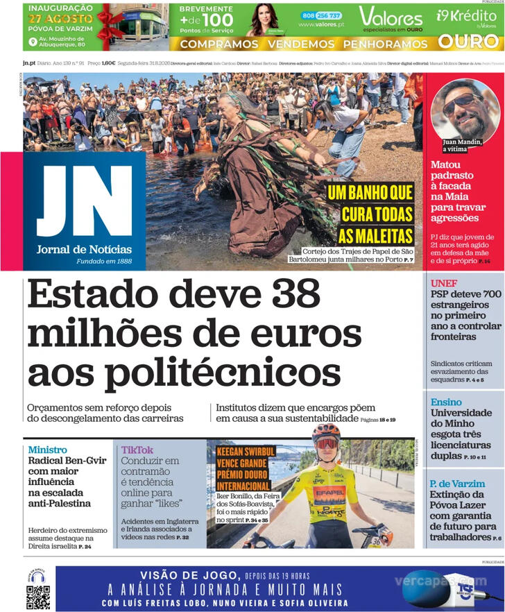 Capa do jornal Jornal de Notícias