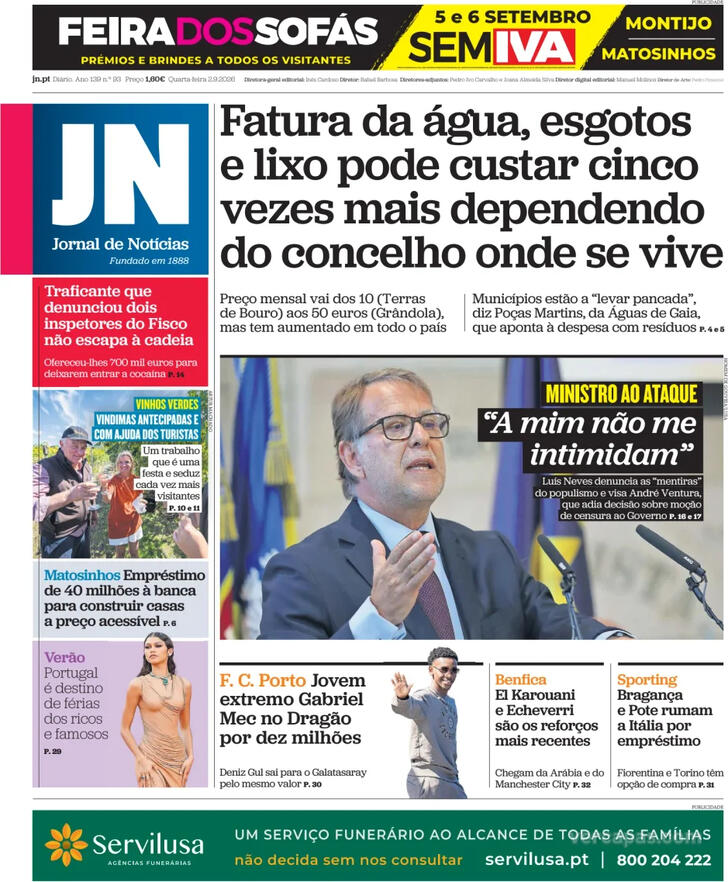 Capa do jornal Jornal de Notícias