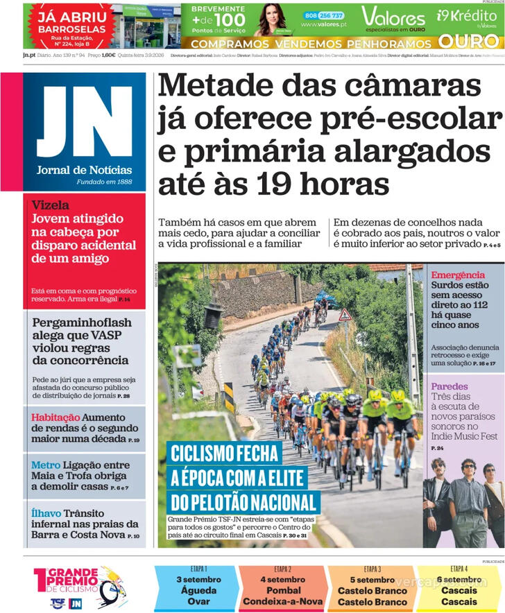 Capa do jornal Jornal de Notícias