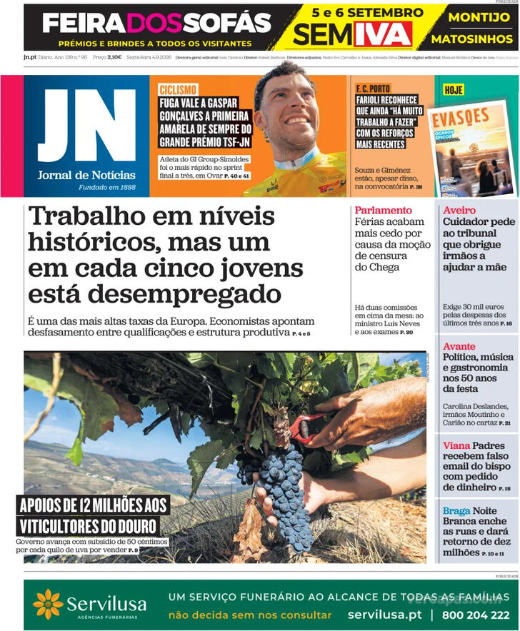 Capa do jornal Jornal de Notícias