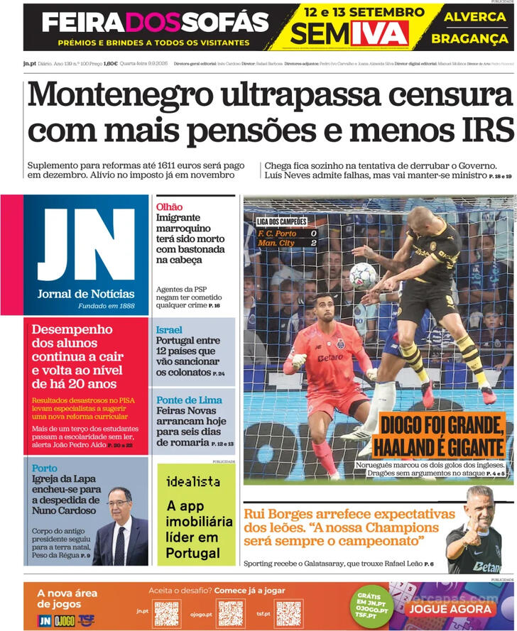 Capa do jornal Jornal de Notícias