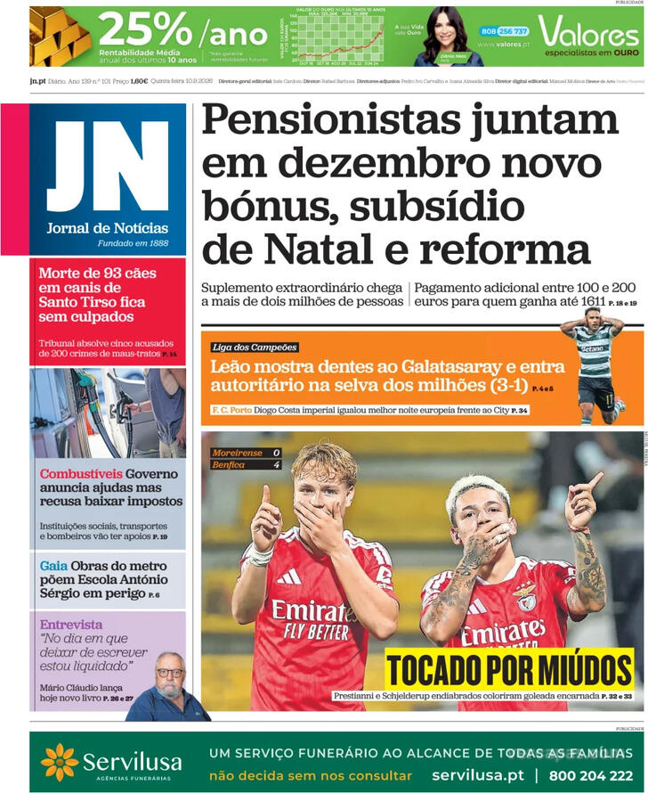 Capa do jornal Jornal de Notícias