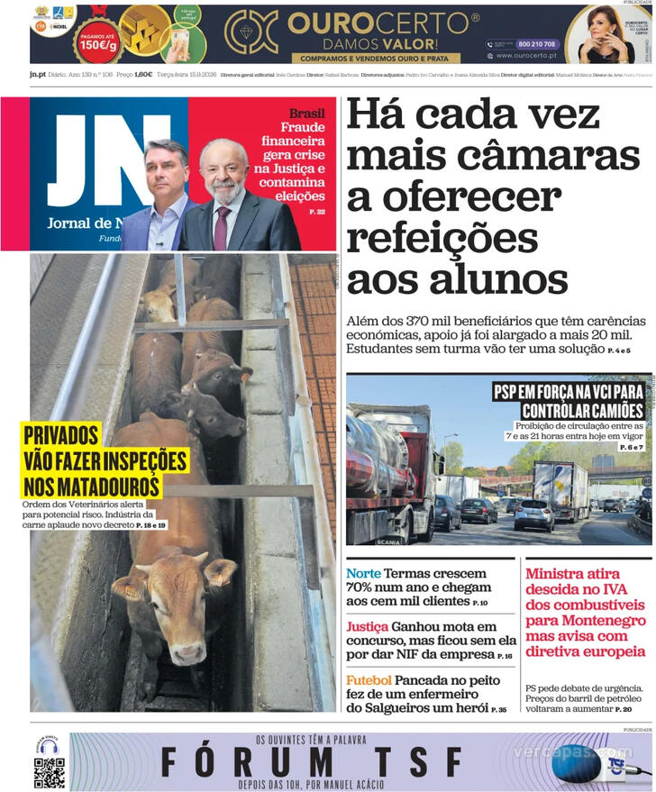 Capa do jornal Jornal de Notícias
