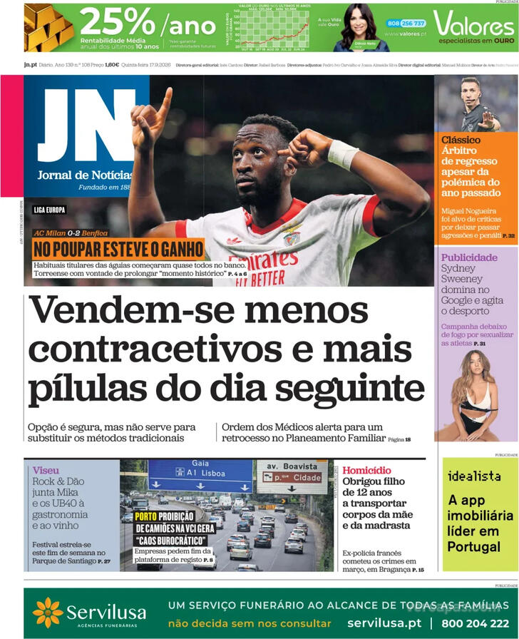 Capa do jornal Jornal de Notícias