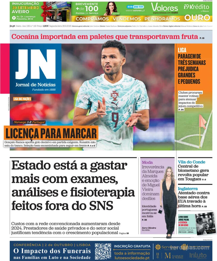 Capa do jornal Jornal de Notícias