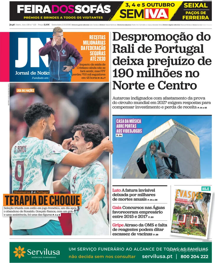 Capa do jornal Jornal de Notícias