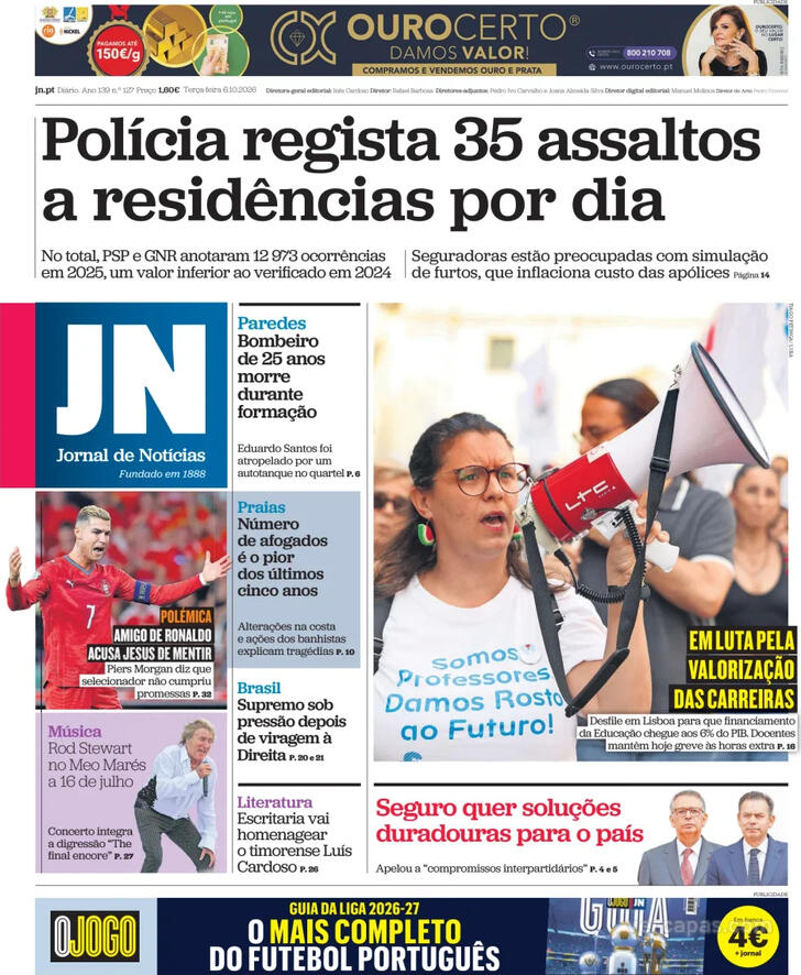 Capa do jornal Jornal de Notícias