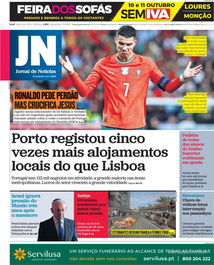 Capa do jornal Jornal de Notícias