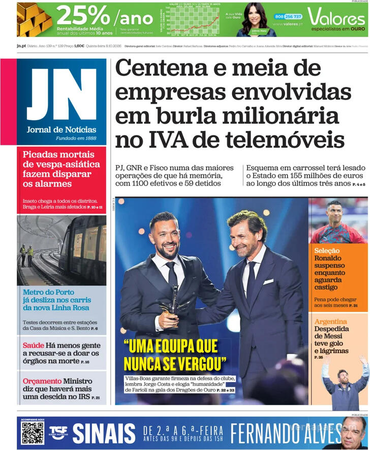 Capa do jornal Jornal de Notícias