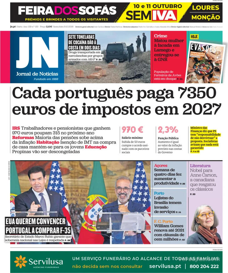Capa do jornal Jornal de Notícias