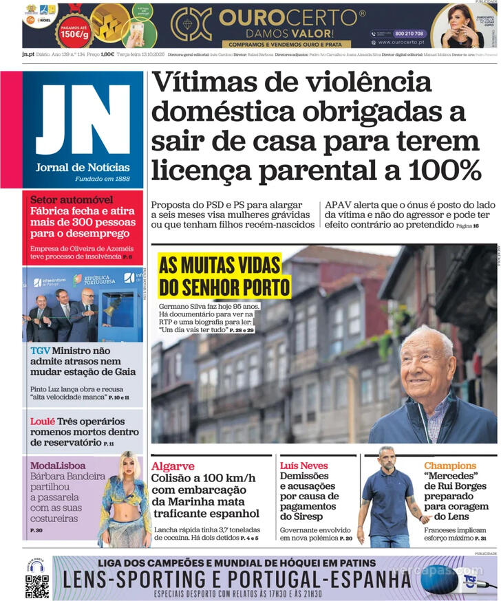 Capa do jornal Jornal de Notícias