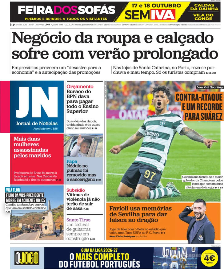 Capa do jornal Jornal de Notícias