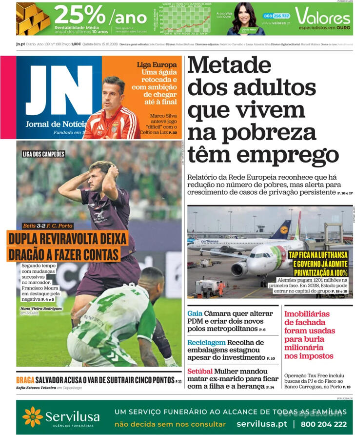 Capa do jornal Jornal de Notícias