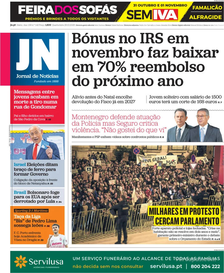Capa do jornal Jornal de Notícias