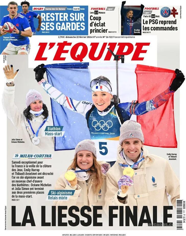 Capa L'�quipe - 2026-02-22