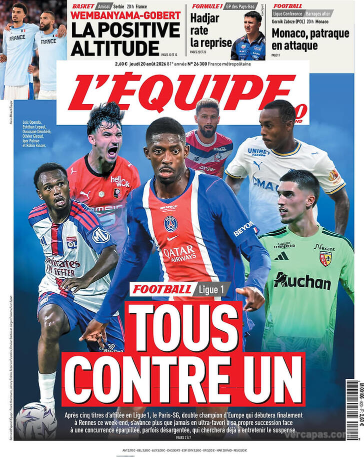 Capa L'�quipe - 2026-08-20