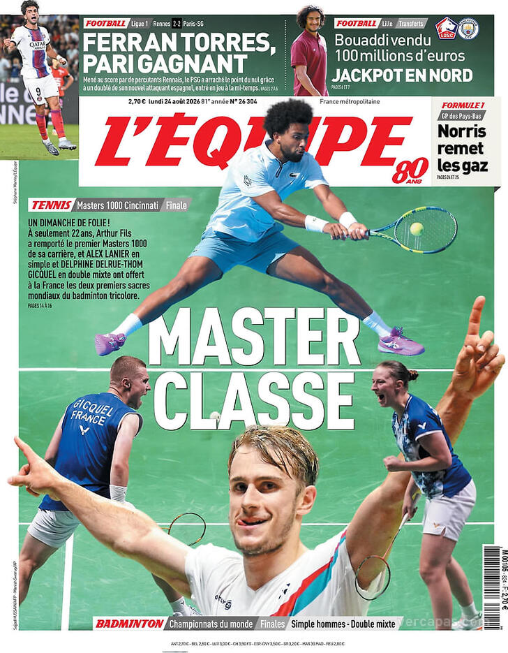 Capa L'�quipe - 2026-08-24