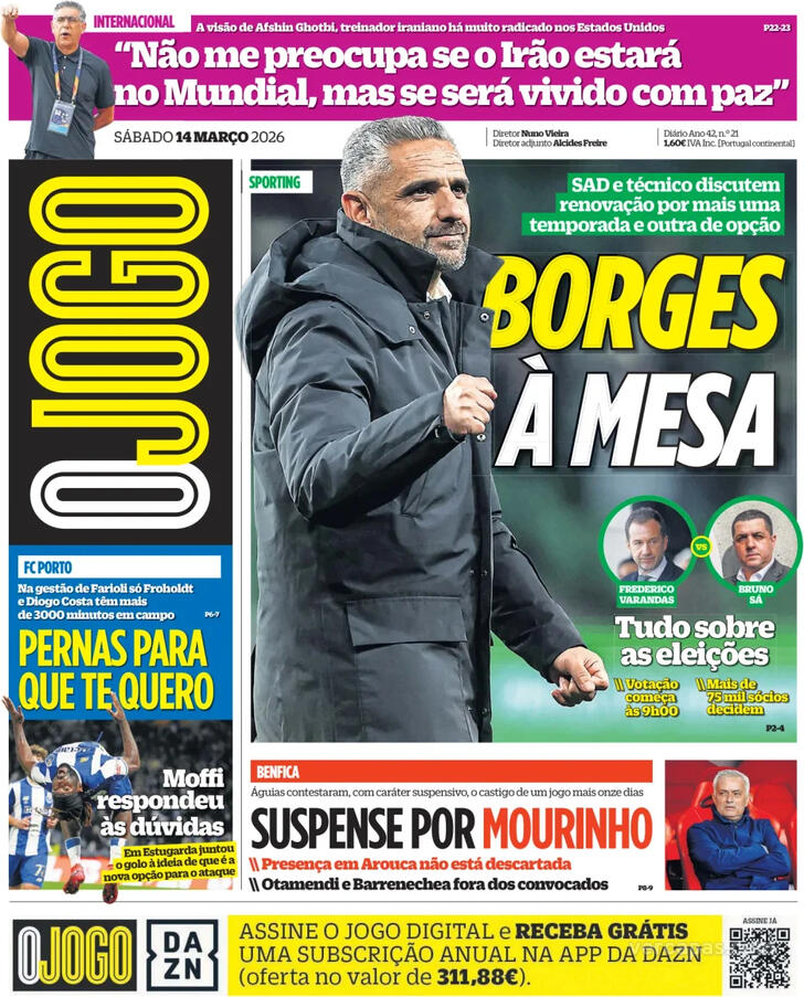 Capas dos jornais desportivos — 14 de Março de 2026 4 Capa - O Jogo