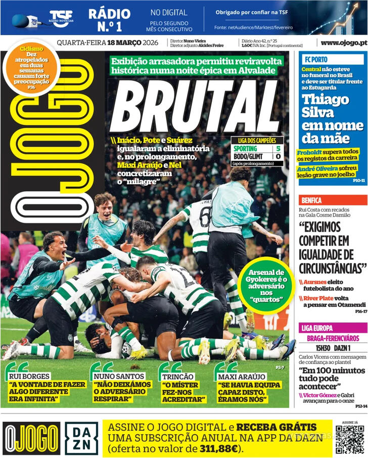 Capas dos jornais desportivos — 18 de Março de 2026 4 Capa - O Jogo