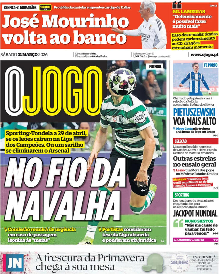 Capas dos jornais desportivos de 21 de Março de 2026 4 Capa - O Jogo