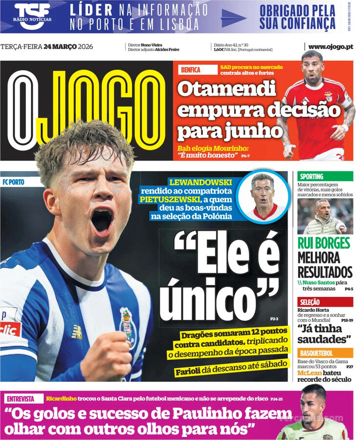 Capas dos jornais desportivos de 24 de Março de 2026 4 Capa - O Jogo