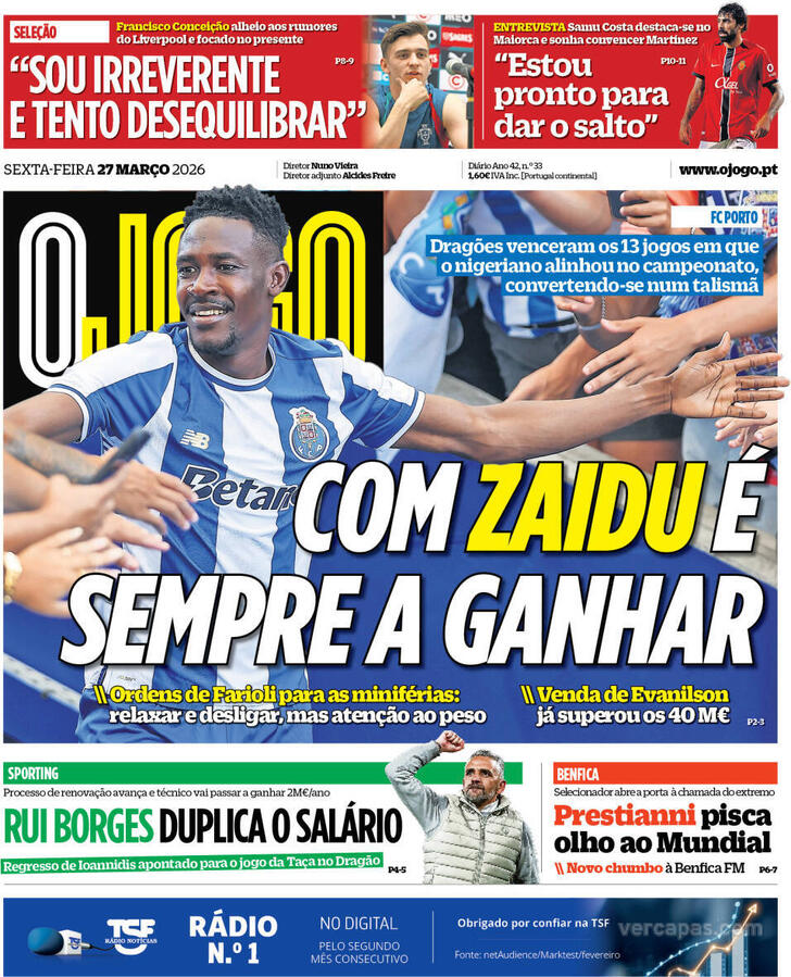 Capas dos jornais desportivos de 27 de Março de 2026 4 Capa - O Jogo