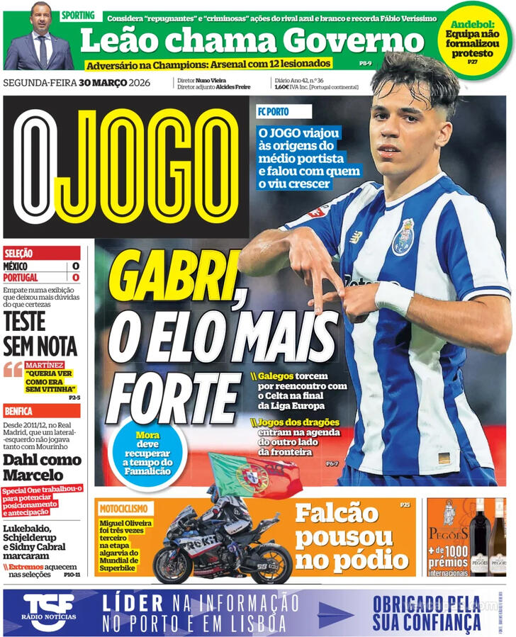 Capas dos jornais desportivos de 30 de Março de 2026 4 Capa - O Jogo